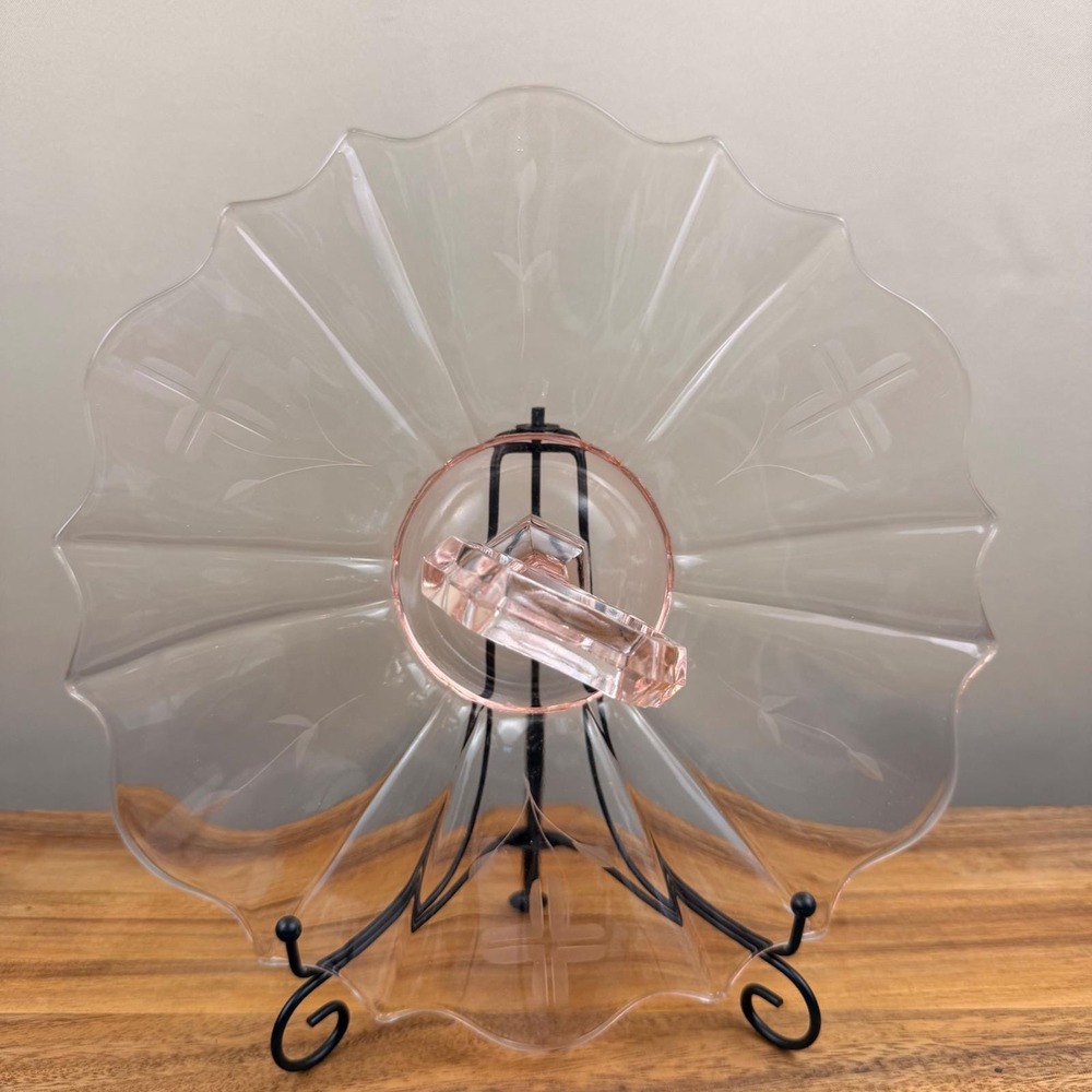 Vintage Pink Depression Glass Tidbit Tray Etched Floral Scalloped Serving Plate